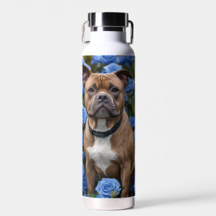 "Bold Beauty: A Brown Staffy in a Blue Rose Garden Water Bottle