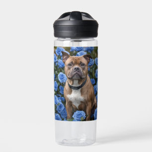"Bold Beauty: A Brown Staffy in a Blue Rose Garden Water Bottle
