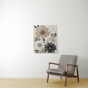 Bold Beige and Black Floral Modern Neutral Flower Tapestry
