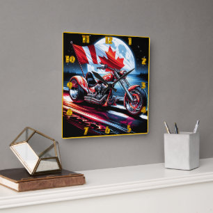 Bold bike with Canadian flag at moonlight Square Wall Clock