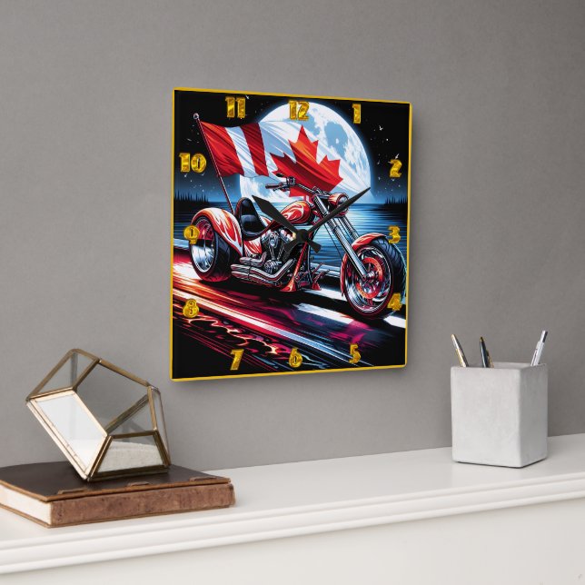 Bold bike with Canadian flag at moonlight Square Wall Clock (Office)