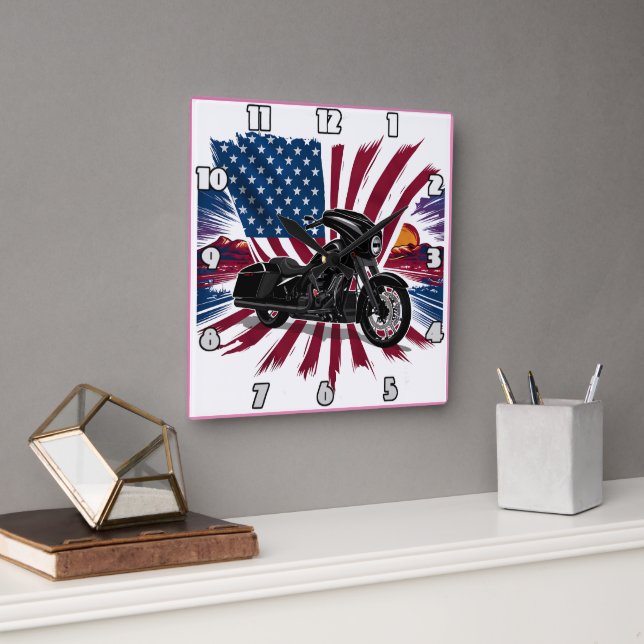 Bold bike with vibrant flag backdrop square wall clock (Office)
