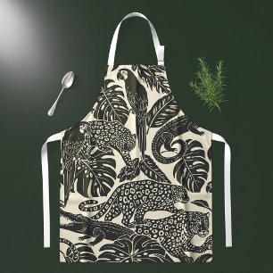 Bold Black and Cream Tropical Jungle Animals Apron