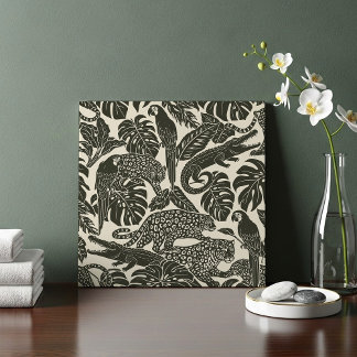 Bold Black and Cream Tropical Jungle Animals  Ceramic Tile