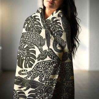 Bold Black and Cream Tropical Jungle Animals  Fleece Blanket