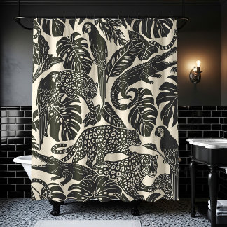 Bold Black and Cream Tropical Jungle Animals  Shower Curtain