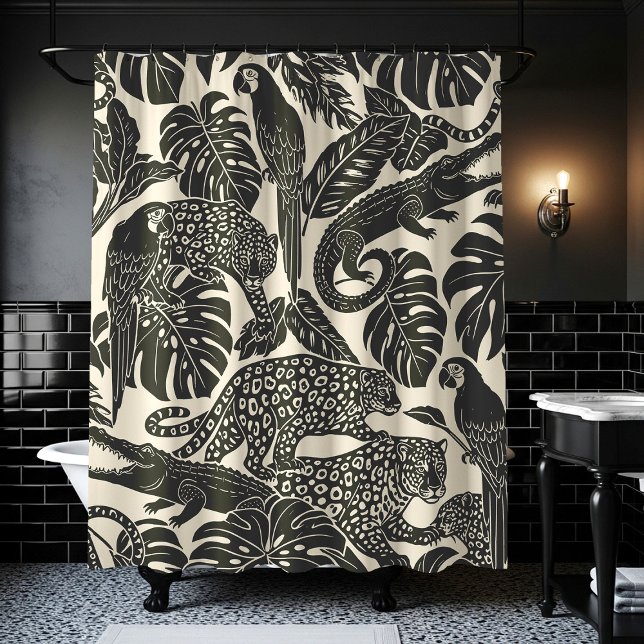 Bold Black and Cream Tropical Jungle Animals  Shower Curtain (Creator Uploaded)