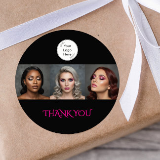 Bold Black and Hot Pink 3 Photo Thank You Classic Round Sticker