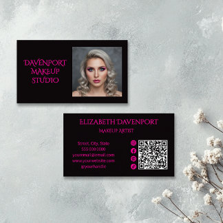 Bold Black and Hot Pink Social Icon QR Code Business Card