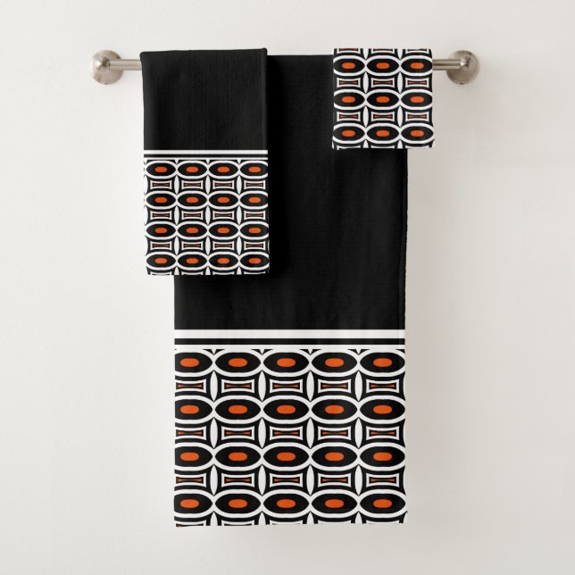 Bold Black and Orange Abstract Geometric Pattern Bath Towel Set (Insitu)