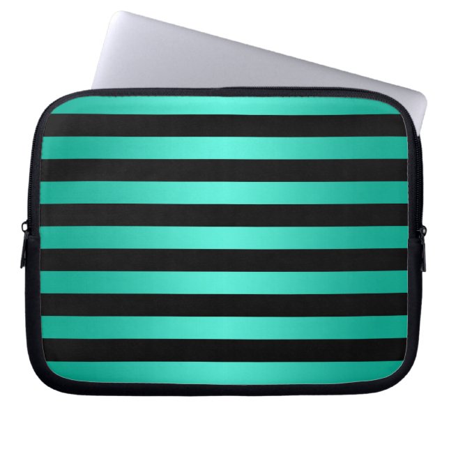 Bold Black and Teal Stripes Pattern Laptop Sleeve (Front)