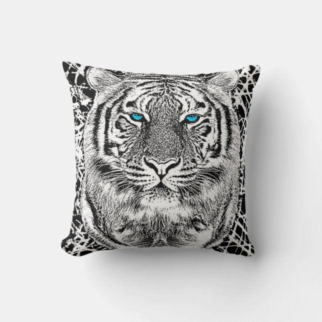 Bold Black And White Blue Eyes Tiger Cushion (Front)