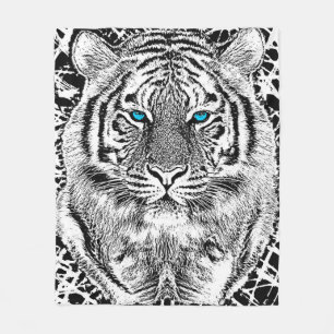 Bold Black And White Blue Eyes Tiger Fleece Blanket