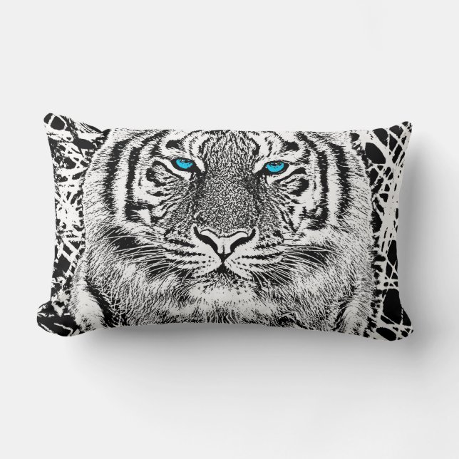 Bold Black And White Blue Eyes Tiger Lumbar Cushion (Front)
