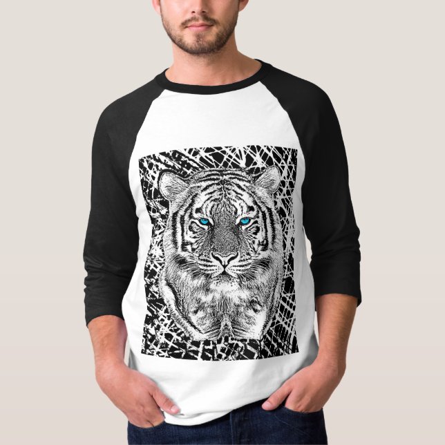 Bold Black And White Blue Eyes Tiger T-Shirt (Front)