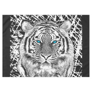 Bold Black And White Blue Eyes Tiger Tablecloth