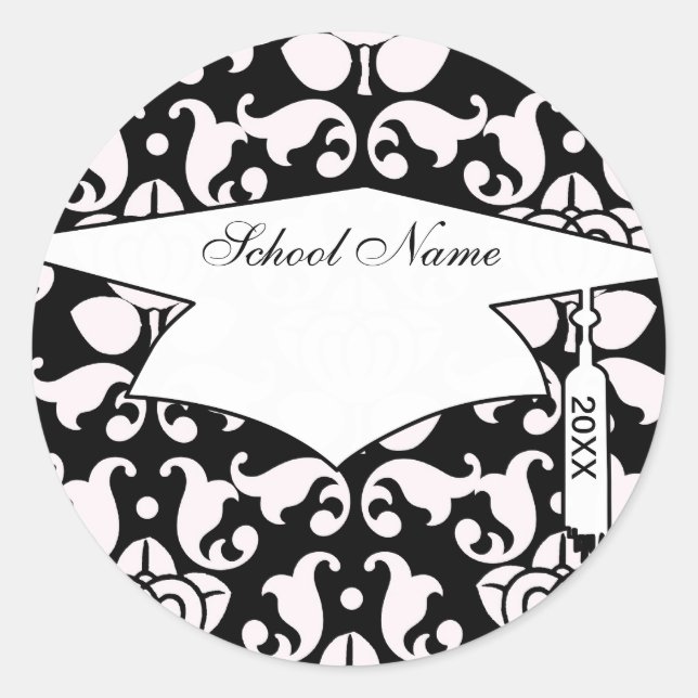 bold black and white damask pattern graduation classic round sticker (Front)
