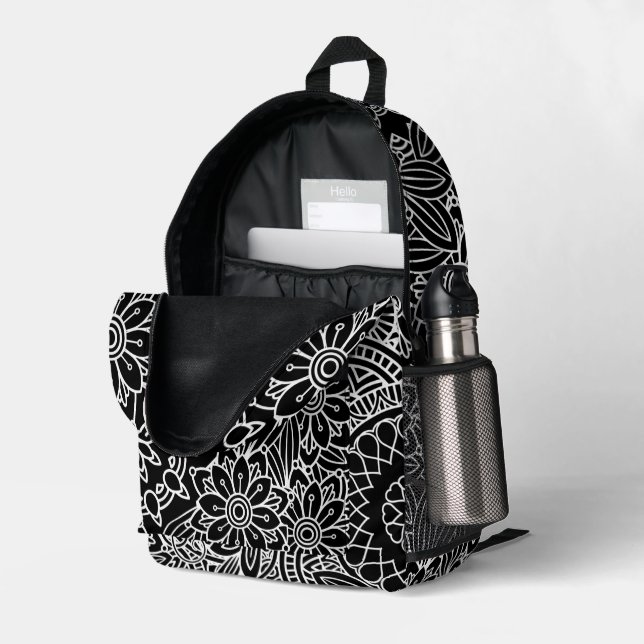 Bold Black and White Floral Crazy Mandala Printed Backpack (Back Corner Right (Open))