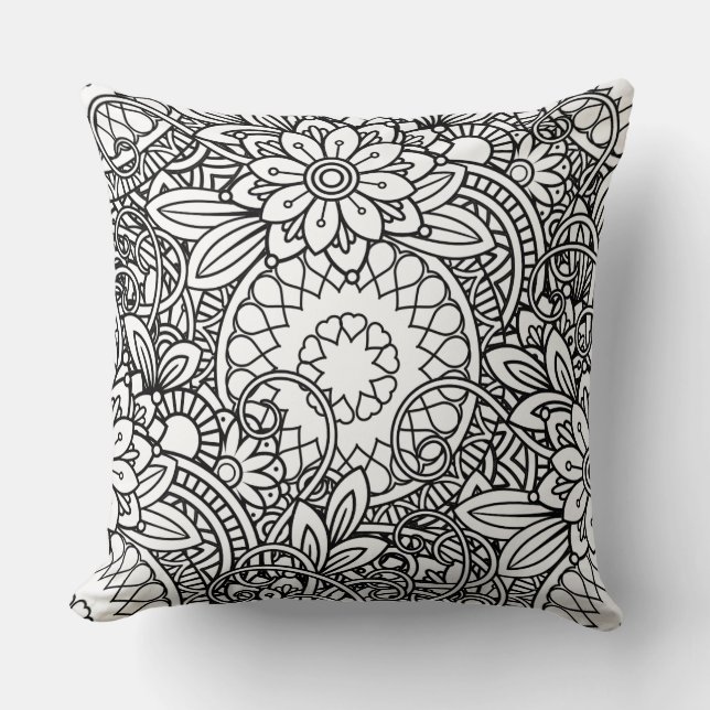 Bold Black and White Graphic Design Floral Cushion (Front)