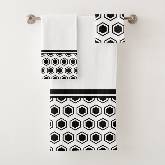 Bold Black and White Hexagonal Pattern Bath Towel Set (Insitu)