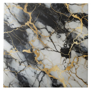 Bold Black and White Marble with Gold Cracks Ceramic Tile