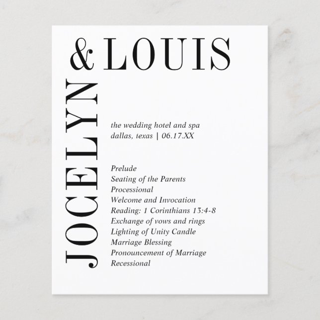 Bold Black and White Modern Wedding Program Flyer (Front)