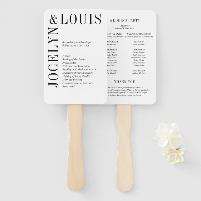 Bold Black and White Modern Wedding Program Hand Fan (Front and Back)