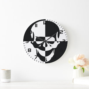Bold Black and White Optical Illusion Skull Design Large Clock