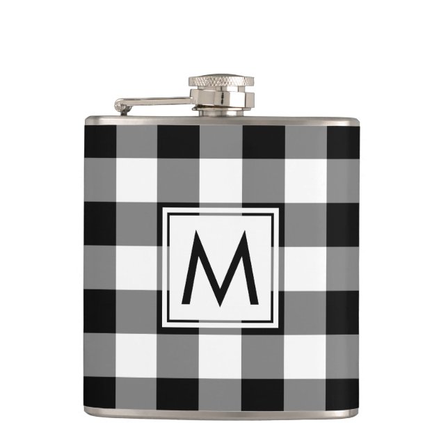 Bold Black and White Plaid Pattern with Monogram Hip Flask (Front)
