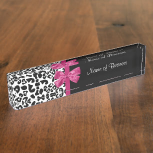 Bold Black and White Polka Dots Camellia Business Nameplate