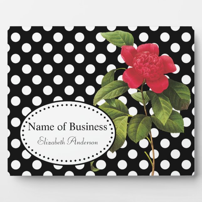 Bold Black and White Polka Dots Camellia Business Plaque (Front)