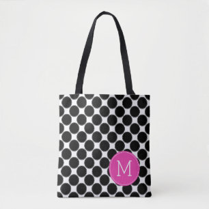Bold Black and White Polka Dots with Pink Monogram Tote Bag