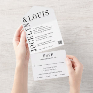 Bold Black and White QR Code Modern Wedding All In One Invitation