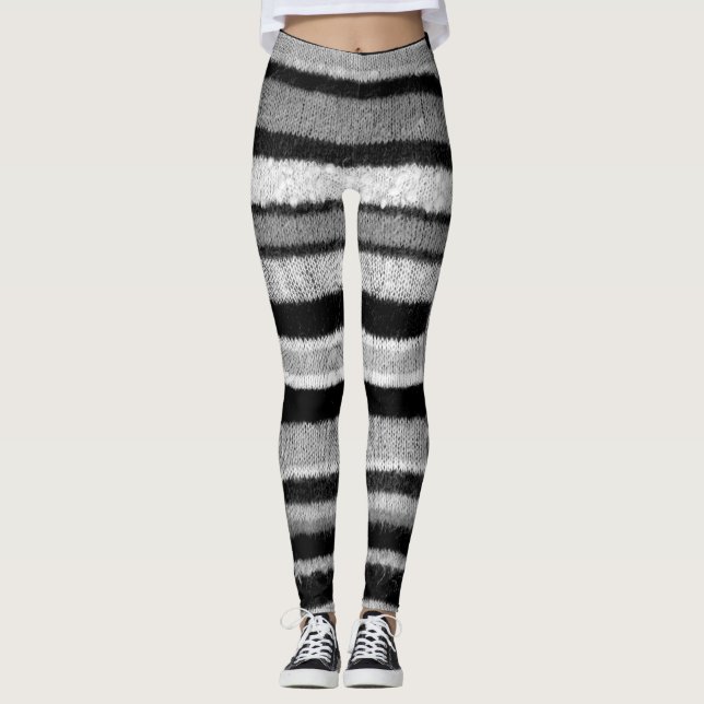 bold black and white stripes knitted shabby chic leggings (Front)