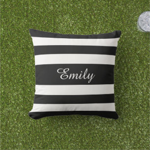 Bold Black And White Stripes Pattern Your Name Cushion