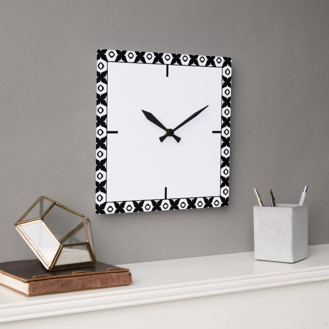 Bold Black and White Symmetrical Arabesque Pattern Square Wall Clock (Office)