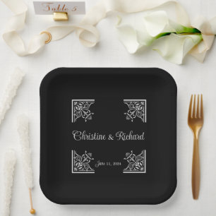 Bold Black and White Vintage Wedding Paper Plate