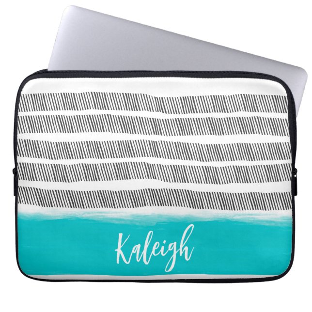 bold black and white with turquoise pattern design laptop sleeve (Front)