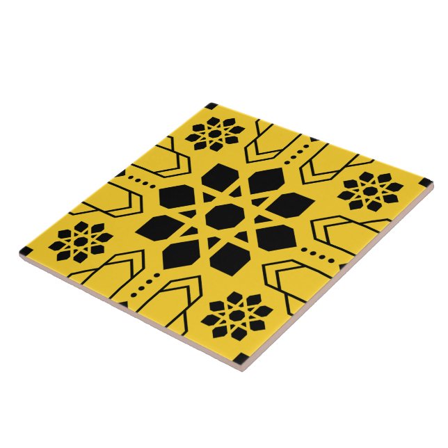 Bold Black and Yellow Islamic Geometric Pattern Ceramic Tile (Side)