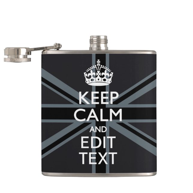 Bold Black Black  Keep Calm Your Text Union Jack Hip Flask (Opened)