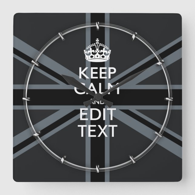Bold Black Black  Keep Calm Your Text Union Jack Square Wall Clock (Front)