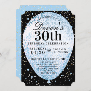 Bold Black Blue & Gold Balloon Birthday Invitation