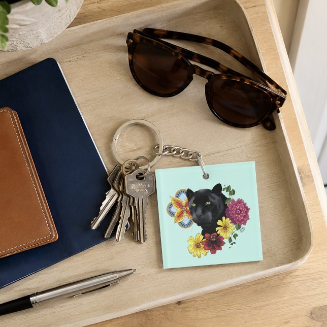 Bold Black Botanical Floral Panther Illustration Key Ring (Creator Uploaded)