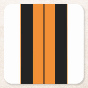 Bold Black Bright Orange Racing Stripes On White Square Paper Coaster