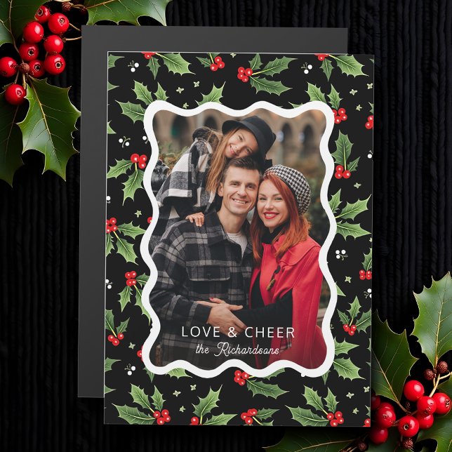 Bold Black Christmas Holly Wavy Frame Photo (Creator Uploaded)