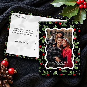 Bold Black Christmas Holly Wavy Frame Photo Holiday Postcard