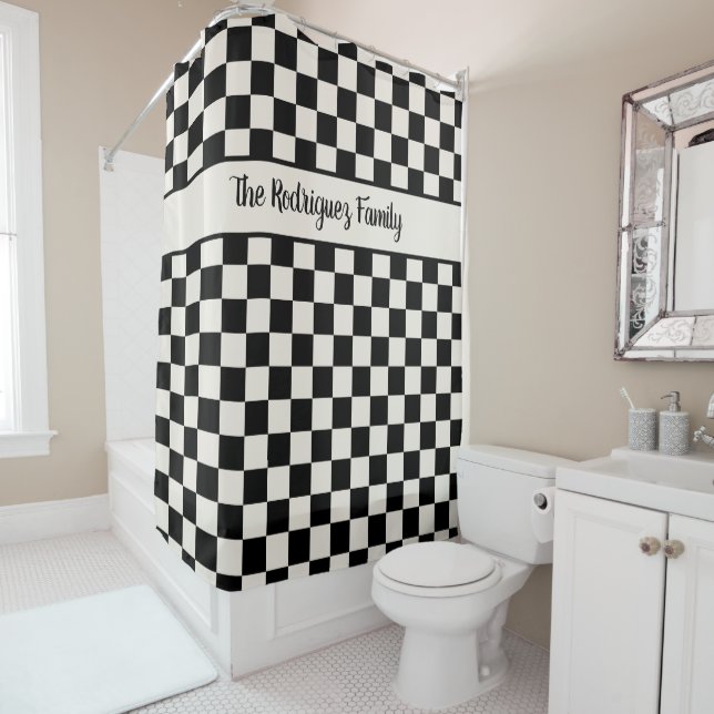 Bold Black Cream Chequered Pattern Custom Name Shower Curtain (In Situ)