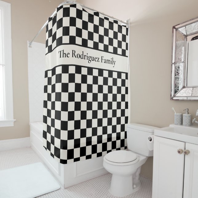 Bold Black Cream Chequered Pattern with Name Shower Curtain (In Situ)