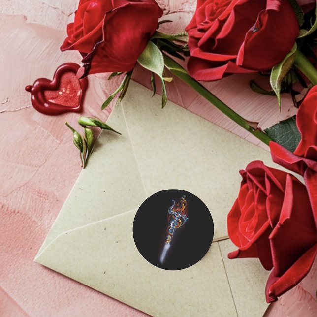Bold Black Fantasy Dragon Sword Red Roses Classic Round Sticker (Creator Uploaded)