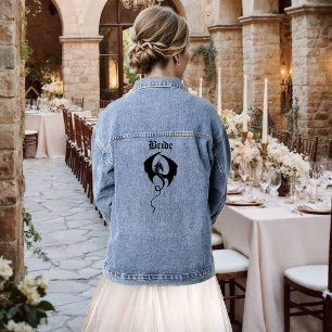 Bold Black Fantasy Dragon Sword Red Roses Denim Jacket